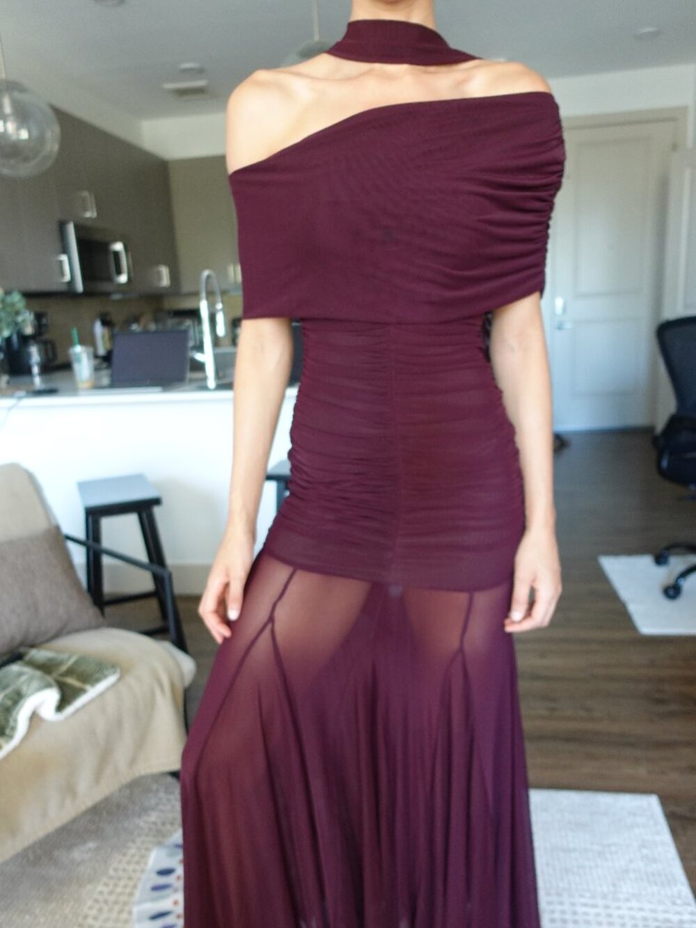 Verdusa Off-Shoulder Ruched Mesh Corset Maxi Dress - Red Violet